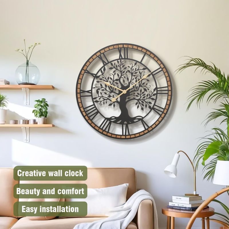 Photo 1 of **HANDS ARE BENT** Farmhouse Large Wall Clock: 24Inch Rustic Tree of Life Metal with Wood Frame - Vintage Battery Operated Wall Clocks for Living Room/Office/Bedroom - Home Decor for Fashion-Conscious