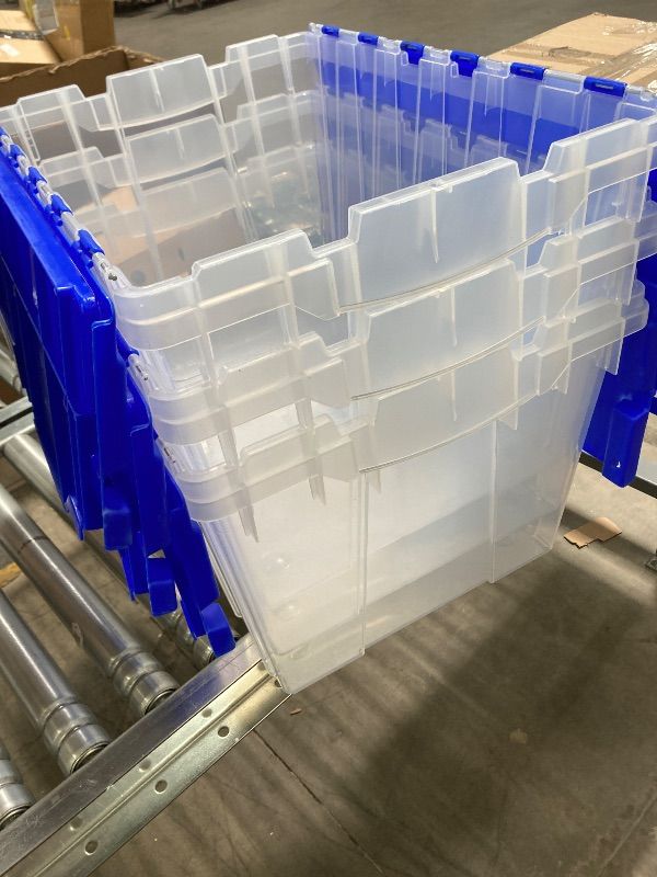 Photo 1 of ***3 PACK ONLY*** MISSING ONE *** Akro-Mils KeepBox 12 Gallon Storage Container, Nesting and Stackable Plastic Storage Box with Lid Attached, Clear Tote for Garages, Closets, and Moving, 21-1/2" x 15" x 12-1/2", Clear/Blue, 3-Pack