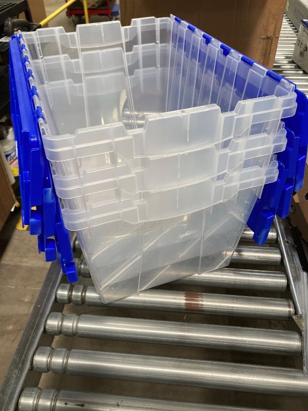 Photo 1 of ***3 PACK ONLY*** MISSING ONE *** Akro-Mils KeepBox 12 Gallon Storage Container, Nesting and Stackable Plastic Storage Box with Lid Attached, Clear Tote for Garages, Closets, and Moving, 21-1/2" x 15" x 12-1/2", Clear/Blue, 3-Pack