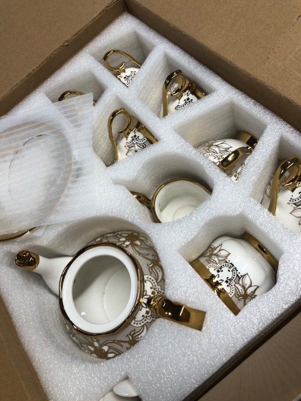 Photo 1 of **ALL ITEMS ARE INSIDE**fanquare 21 Pieces Porcelain Tea Set with Sugar Bowl Creamer, Cup and Saucers for 6, Royal Floral Tea Service with Gold Trim for Party Wedding Birthday Gifting