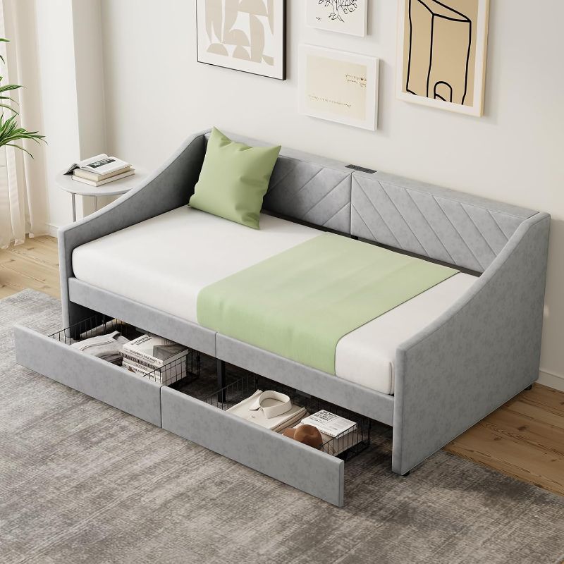 Photo 1 of ***MISSING PARTS***
***BOX 2/2**Twin Size Daybed with 2 Storage Drawers, Upholstered Daybed Frame with Charging Station, Heavy Duty Sofa Bed for Bedroom, Living Room, No Box Spring Needed,Easy Assembly