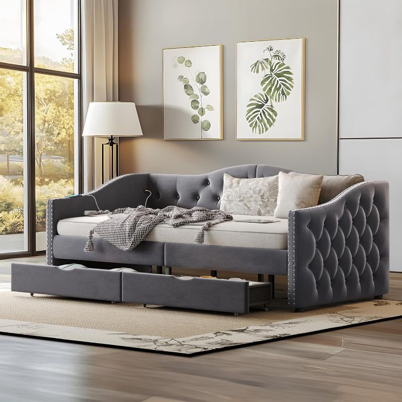 Photo 1 of ***BOX 2/2***Twin Size Daybed with Storage Drawers, Upholstered Daybed with 2 USB Ports, Sturdy Metal and Wood Frame,Day Bed for Bedroom, No Box Spring Needed, Grey
