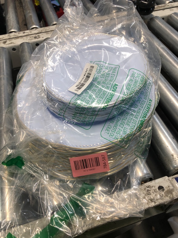 Photo 1 of " OCCASIONS " 50 Plates Pack (25 Guests)-Heavyweight Wedding Party Disposable Plastic Plate Set -25 x 10.25'' Dinner + 25 x 7.5'' Salad/dessert plates (Rochelle Blue and Gold)