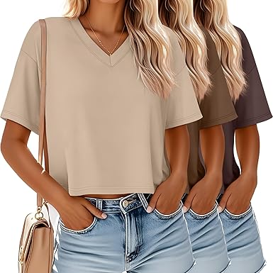 Photo 1 of **STOCK PHOTO FOR STYLE NOT COLOR REFERENCE** Ficerd 3 Pack Women's V Neck Crop Tops Half Sleeve Drop Shoulder Basics Cropped Top Boxy Tees for Girls
 SMALL COFFEE, OLIVE, BLACK
