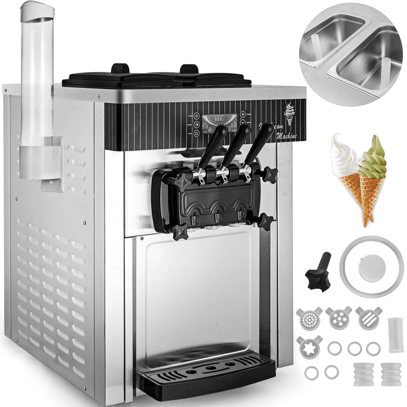 View 1 of ***DAMAGED DURING TRANSIT - TRUCK/TRAILER PICKUP ONLY***VEVOR Commercial Ice Cream Machine 5.3 to 7.4Gal per Hour Soft Serve with LED Display Auto Clean 3 Flavors Perfect for Restaurants Snack Bar, 2200W, Sliver
