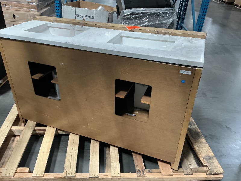 Photo 1 of ***DAMAGED DURING TRANSIT - TRUCK/TRAILER PICKUP ONLY, SEE PICTURES***allen + roth Ronald 60-in Almond toffee Undermount Double Sink Bathroom Vanity with White Engineered Stone Top (Fully Assembled)