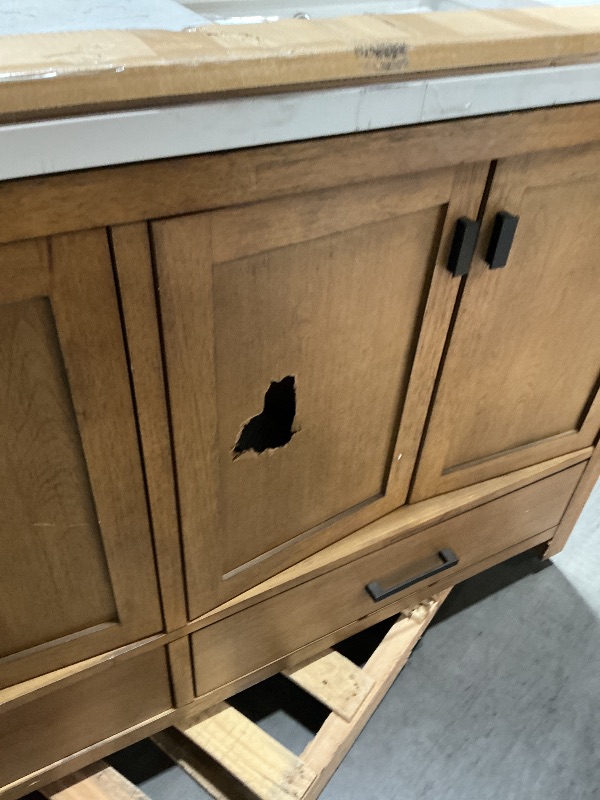 Photo 1 of ***DAMAGED DURING TRANSIT - TRUCK/TRAILER PICKUP ONLY, SEE PICTURES***allen + roth Ronald 60-in Almond toffee Undermount Double Sink Bathroom Vanity with White Engineered Stone Top (Fully Assembled)