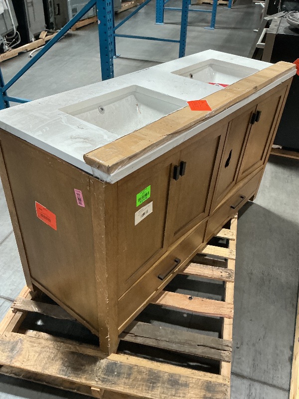 Photo 1 of ***DAMAGED DURING TRANSIT - TRUCK/TRAILER PICKUP ONLY, SEE PICTURES***allen + roth Ronald 60-in Almond toffee Undermount Double Sink Bathroom Vanity with White Engineered Stone Top (Fully Assembled)