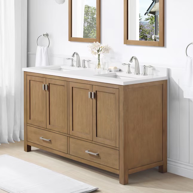 Photo 1 of ***DAMAGED DURING TRANSIT - TRUCK/TRAILER PICKUP ONLY, SEE PICTURES***allen + roth Ronald 60-in Almond toffee Undermount Double Sink Bathroom Vanity with White Engineered Stone Top (Fully Assembled)