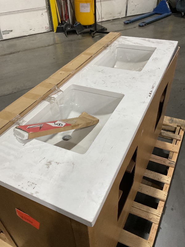 Photo 1 of ***DAMAGED DURING TRANSIT - TRUCK/TRAILER PICKUP ONLY, SEE PICTURES***allen + roth Ronald 60-in Almond toffee Undermount Double Sink Bathroom Vanity with White Engineered Stone Top (Fully Assembled)