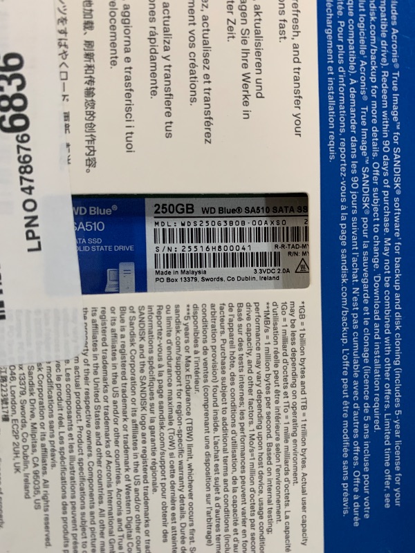 View 2 of ***FACTORY SEALED ***
WD Blue SA510 250GB SATA SSD - SATA III 6 Gb/s, M.2 2280, Internal Solid State Drive, Up to 555 MB/s - WDS250G3B0B
