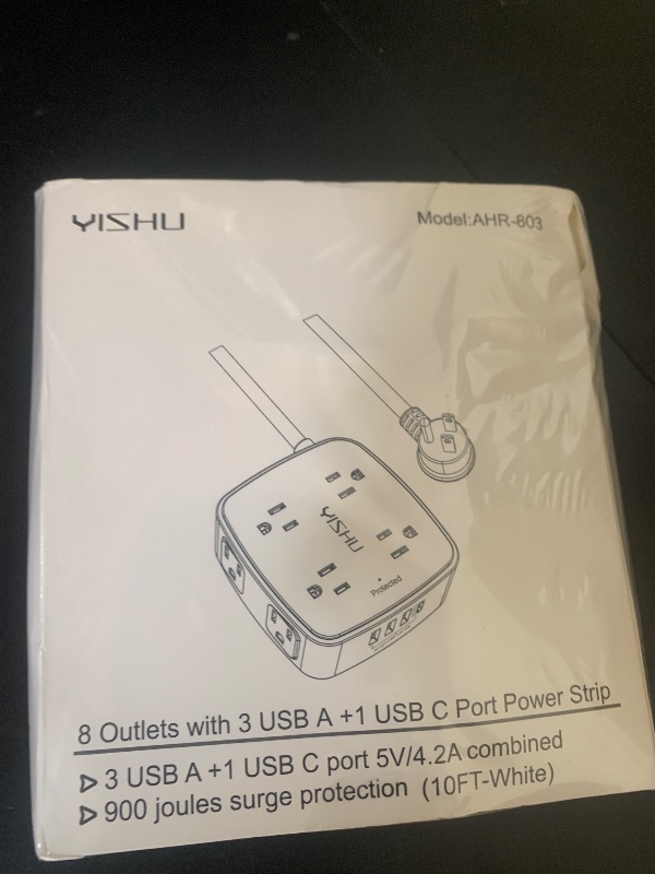 Photo 1 of 10 Ft Surge Protector Power Strip - YISHU 3 Side Outlet Extender with 8 Widely AC Outlets and 4 USB Ports, 10 Feet Extension Cord with Flat Plug, Wall Mount Desk USB Charging Station, ETL,White