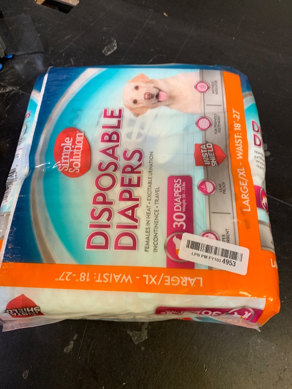 Photo 1 of Simple Solution Disposable Dog Diapers, Female Dog Diapers, Puppy Potty Training, Incontinence and Heat Cycle Protection, Large Diapers for Dogs, 18-27 Inch Waist, 30 Count