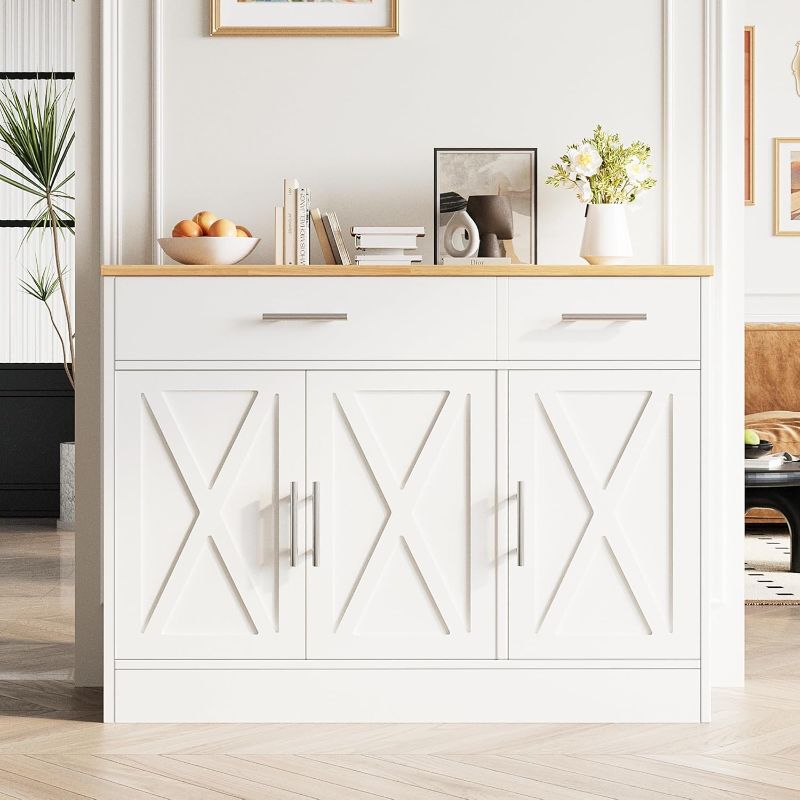 Photo 1 of Vongrasig 43” Sideboard Buffet Cabinet with Storage, Farmhouse Coffee Bar with Drawers and Shelves, Wood Buffet Table for Kitchen, Dining Room, White