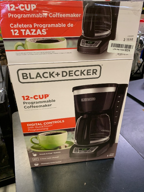 Photo 1 of BLACK+DECKER 12-Cup Digital Coffee Maker, Programmable, Washable Basket Filter, Sneak-A-Cup, Auto Brew, Water Window, Keep Hot Plate, Black