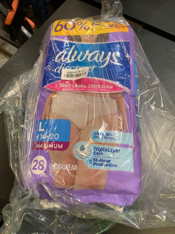 Photo 1 of Always Discreet Adult Diapers for Women, Incontinence Underwear, Postpartum Essentials, Disposable Briefs, Max Absorbency, Bladder Leak Protection, Large, 28ct