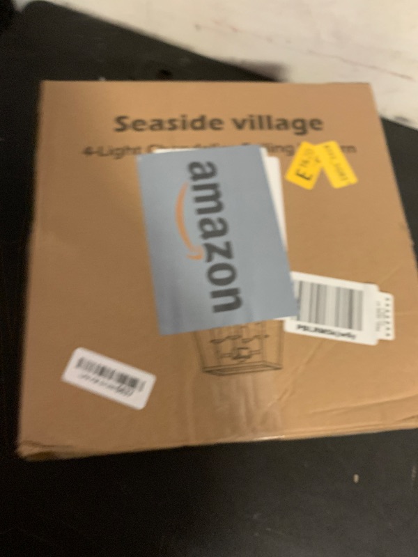 Photo 1 of 4 Light Farmhouse Chandelier, Lantern Ceiling Light Fixture with Brushed Rustic Wood Metal Cage and Adjustable Chain, E12 Base Geometric Hanging Lights for Dining Room Kitchen Island Entryway, Indoor