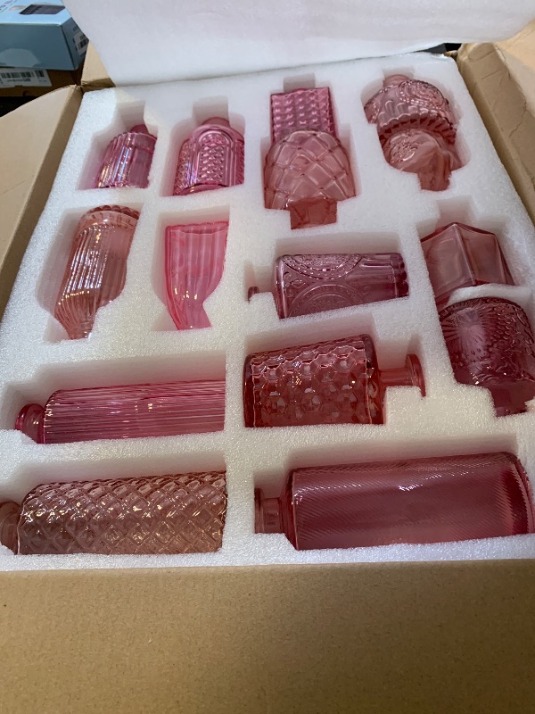 Photo 1 of Yaomiao 30 Pcs Vases Bulk Colored Flower Glass Bud Vases Valentine Vintage Colored Glass Bottles Colorful Rustic Embossed for Home Wedding Table Decorations Gifts(Pink Series)