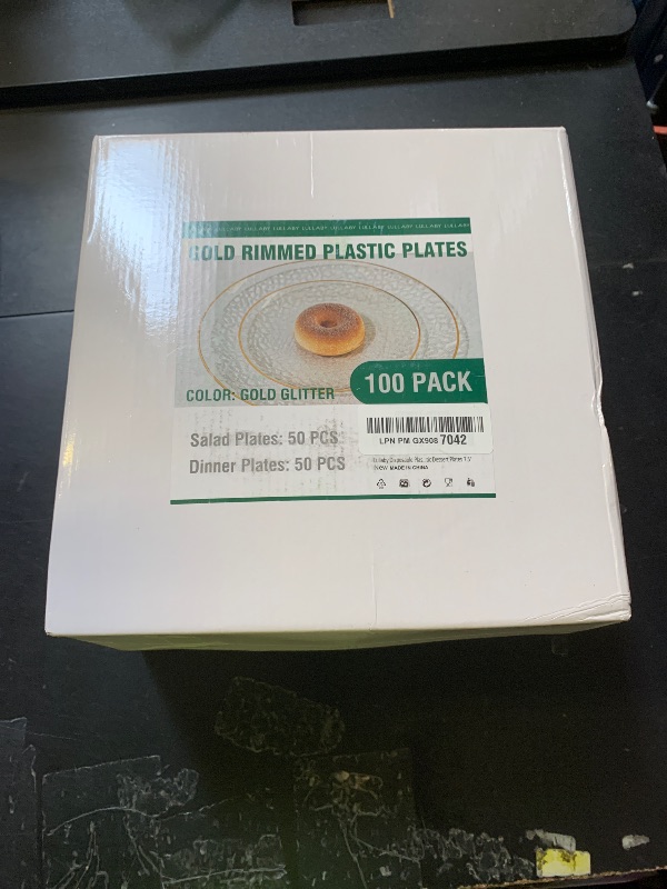 Photo 1 of Lullaby 100PCS Clear Plastic Plates with Gold Rim, Includes 50pcs Dinner Plate 10” and 50pcs Dessert Plate 7”, Disposable Heavyduty Plates for Birthdays, Parties and Wedding