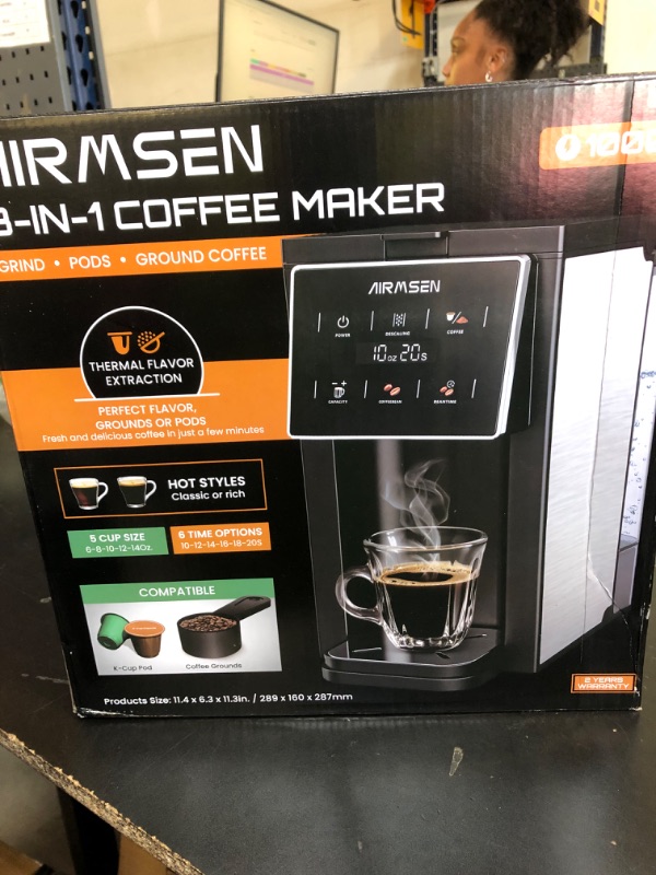 Photo 1 of AIRMSEN Grind & Brew Coffee Maker with Built-in Grinder (2026 Model) - Single-Serve, Compatible with K-Cup Pods & Ground, 1000W Fast 6-14oz Brewer, Descaling Alert, Touchscreen & 50oz Removable Tank
