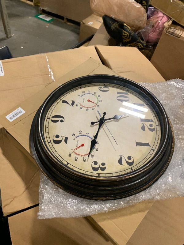 Photo 1 of ** SOLD AS IS, NO REFUND/RETURN** SEE COMMENTS!
16 Inch Black Gold Vintage Indoor/Outdoor Wall Clock with Thermometer & Hygrometer & Waterproof, Large Silent Sweep Numerals, Perfect for Porch, Garden, Pool