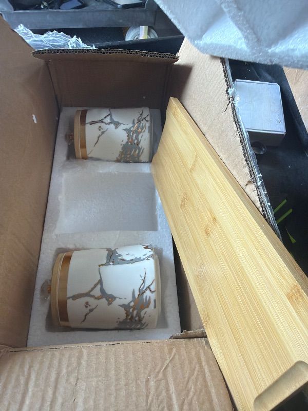 View 3 of *****ONLY 2 CONISTERS*****JUXYES Set of 3 Canisters Set for Sugar Coffee Tea with Airtight Lid, Ceramic Storage Containers Sets White Storage Pots with Tray Storage Jar Decorative Canisters Sets for for Kitchen Counter