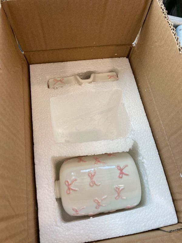 Photo 1 of [PARTIAL SET] Ferrochef White Bow Ceramic Bathroom Accessories Set 3 Pcs for Countertop, Soap Dispenser, Toothbrush Holder, Soap Holder, Bathroom Sink Decor for Modern Home Decor