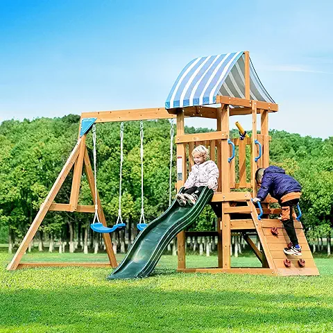 Photo 1 of ** AS IS , FINAL SALE** ROBUD Swing Sets for Backyard, Wooden Swing Set, All-in-One Kids Outdoor Play Equipment with Two Swings, Slide, Rock Climbing Wall, Blackboard, Telescope, Fort, Outdoor Playset for Kids & Toddlers