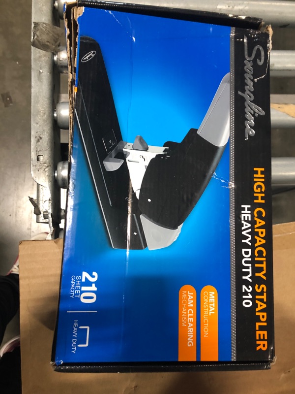 Photo 1 of **DAMAGED**
Swingline Heavy Duty Stapler, 210 Sheet Capacity, High Capacity, Jam Free, Comfort Handle, Metal, Black and Gray (90002)**plastic broken**