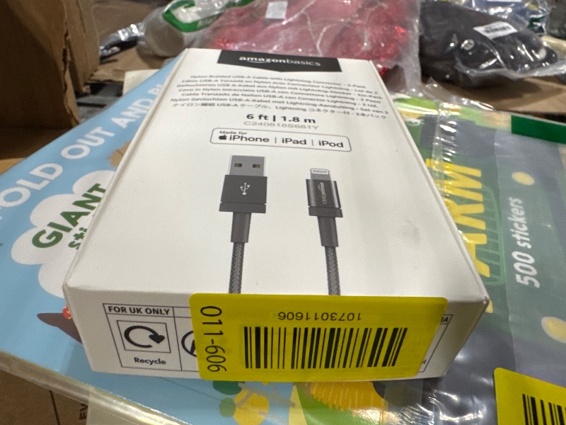 Photo 1 of **UNTESTED**
Amazon Basics 2-Pack USB-A to Lightning Cable, Apple MFi Certified, Nylon Braided Cord for iPhone 14 13 12 11 X Xs Pro, Pro Max, Plus, iPad, High Speed Data Sync Charger, 6 Foot, Dark Gray