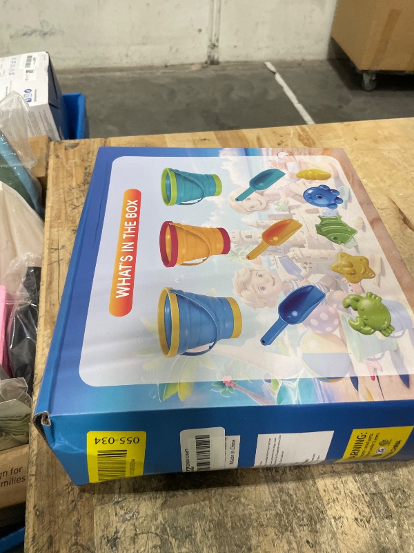 Photo 1 of **FACTORY SEALED**  MGparty Collapsible Beach Toys Set for Kids, 3 Pack Foldable Sand Buckets with Shovels Molds Mesh Bag, Portable Travel Sandbox Toys for Toddlers Kids Age 3-10