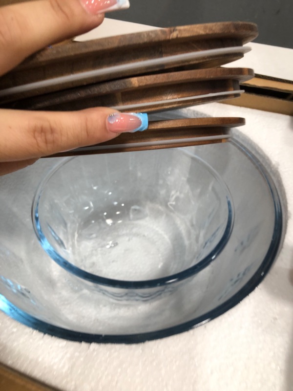 Photo 1 of *** ONLY 2****dokaworld Large Stackable Set of 5 Nesting Glass Bowls with Acacia Lids for Foodprep, Storage, Baking, Sourdough Mixing & Cooking. Microwave & Oven Safe Heat Resistant Inert Borosilicate Glass