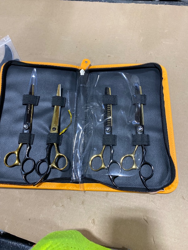 Photo 1 of Fenice Peak 7'' Black and Gold Two-color Dog Grooming Scissors Set Straight Thinning Curved and Chunker Shears 4PCS Set with Pattern Screw and Ergonomic Offest Handle 440C Sharp and Durable