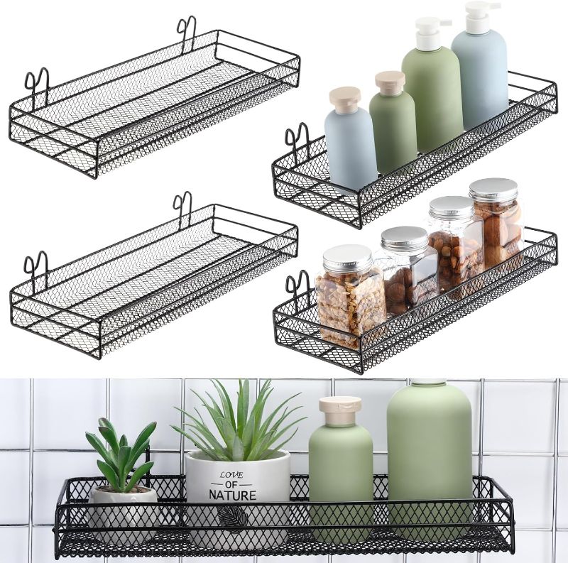 Photo 1 of 4 Pcs Black Metal Grid Wall Baskets with Hooks Hanging Wire Mesh Basket for Gridwall Wall Mounted Storage Organizer for Home Kitchen Organizing Display
