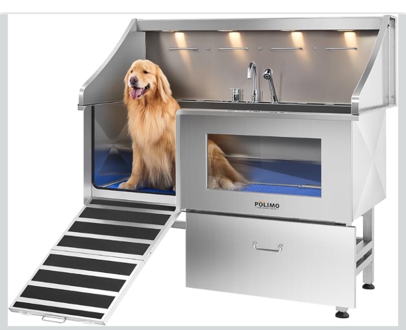 Photo 1 of POLIMO Dog Washing Station with LED Display 61" (Left Ramp), 304 Stainless Steel Dog Bathtub for Large, Medium & Small Dogs, Professional Grooming Tub with Faucet, Storage Drawer, Floor Grate, Window