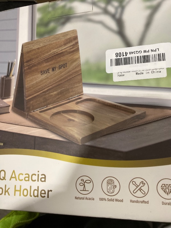 Photo 1 of 3HQ Wooden Book Stand for Reading Rest, Acacia Triangle Book Holder with Cup, Glasses, Pen & Phone Holder, Book Nook Reading Valet for Book Lover Gifts