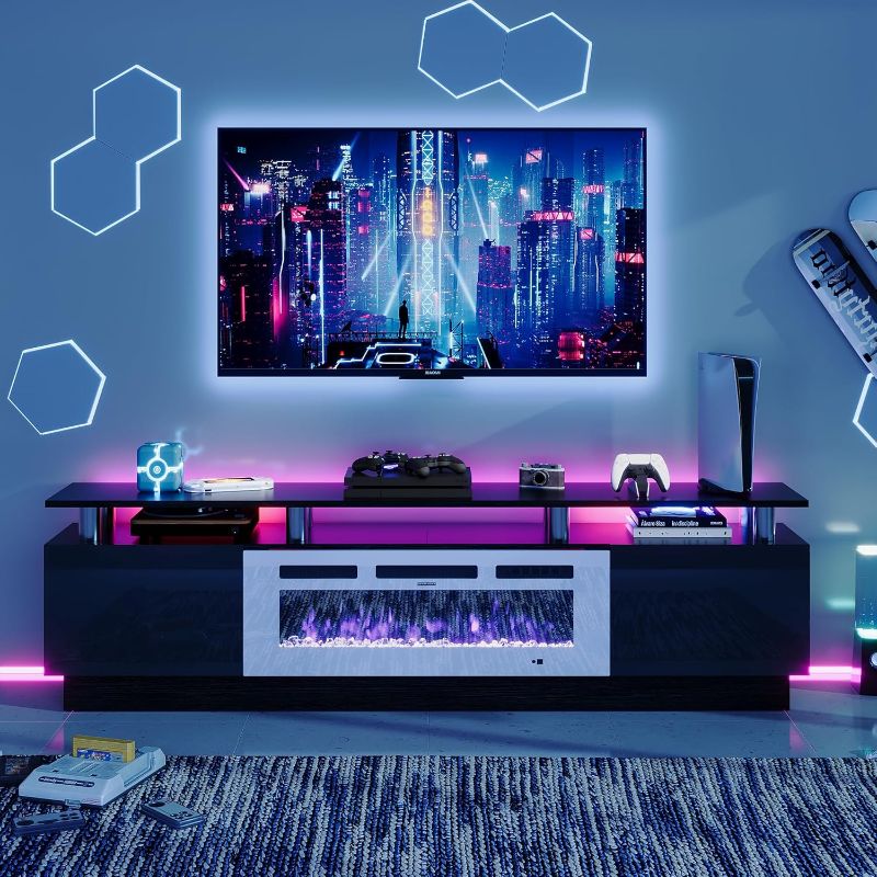 Photo 1 of ***PARTIAL SET BOX 1 OF 2***
oneinmil Fireplace TV Stand with 36” Electric Fireplace, 80” 2 Tier TV Console Stand for TVs Up to 90", LED Light Entertainment Center, Fireplace for The Living Room TV Stand, Black