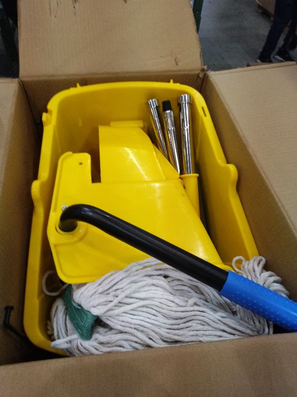 Photo 1 of 35QT Side-Press Mop Bucket and Wringer Combo on Wheels, Yellow,Including One Heavy Duty Industrial Mop and One Set Large Rubber Cleaning Gloves