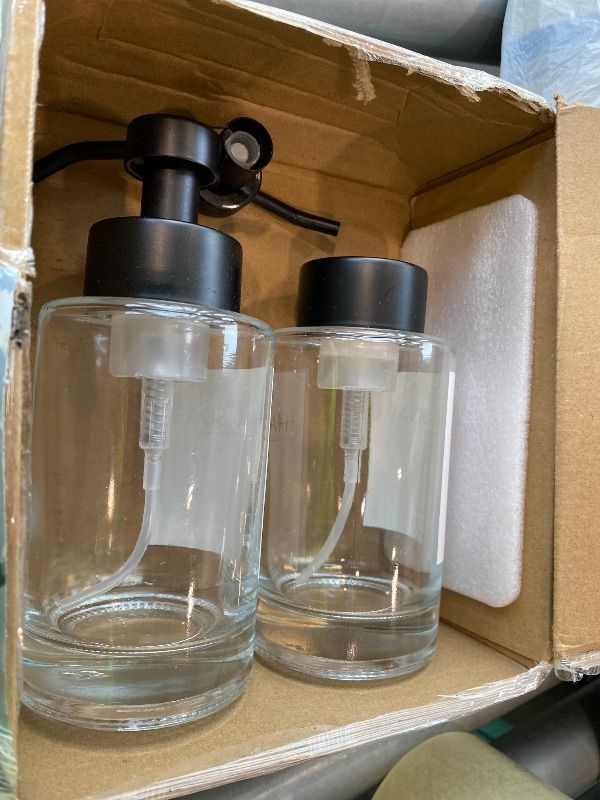 Photo 1 of Foaming Soap Dispenser Set, 12 Oz Glass Hand Soap Dispenser with 304 Rust Proof Stainless Steel Pump, Waterproof Labels, for Bathroom Decor Kitchen College Dorm, Clear Black Pump 2 Pack