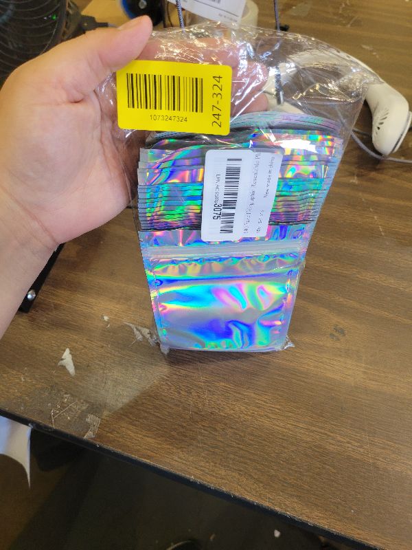 Photo 1 of 100 Pack Holographic Resealable Plastic Bags for Food Storage, Zipper Bags with Clear Front Window, Packaging Pouch for Small Business (100 Pack, 4.4x6.4 inch)