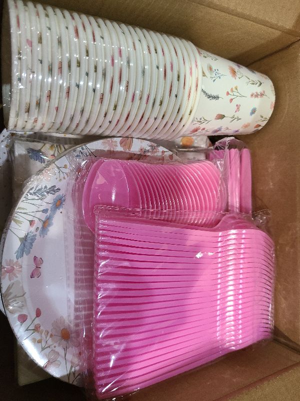 Photo 1 of 168Pcs Wildflower Party Supplies for 24 Guests Spring Floral Baby Shower Birthday Decorations Disposable Paper Plates and Napkins Knives Spoons Forks Cups for Baby Bridal Shower Birthday Party