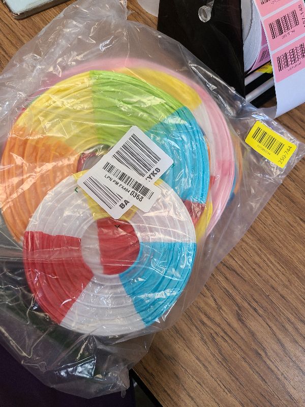 Photo 1 of 15-Pack Beach Ball Paper Lanterns – Colorful Hanging Decorations with Ribbon & Frames for Pool Party, Summer Luau, Outdoor Birthday