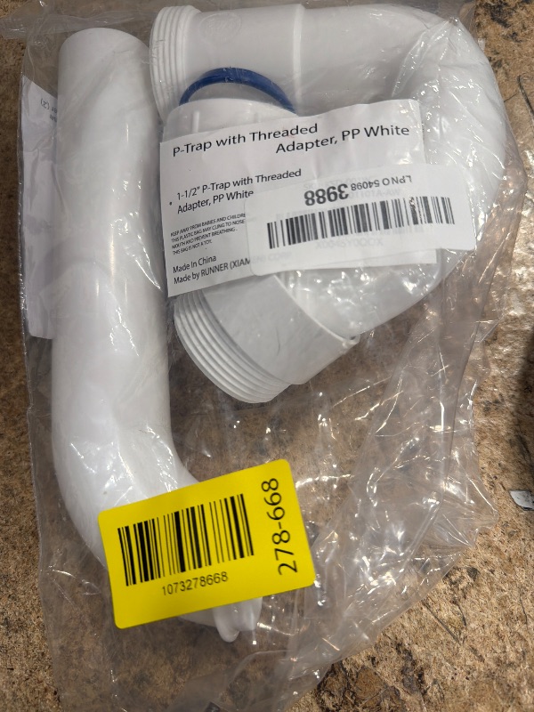 Photo 1 of (1 Pack) Yariwiz White P Trap 1 1/2 Inch for Bathroom Kitchen Sink Drain Pipe Tubular Kit with White Threaded Adapter and Blue TPE Washer KSD-001W