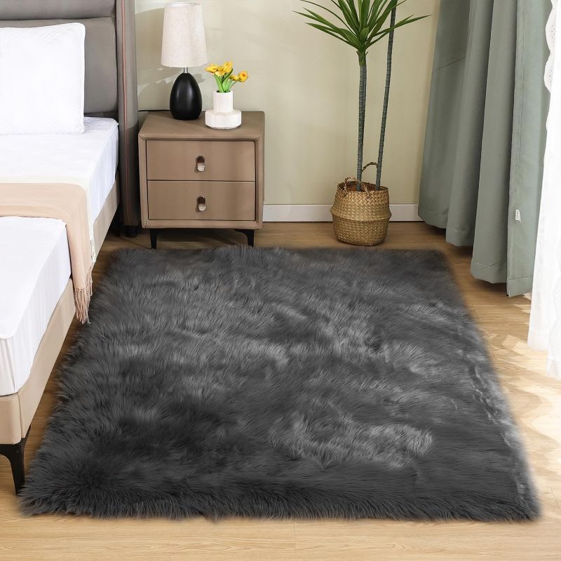 Photo 1 of ***STOCK PHOTO FOR REFERENCE ONLY***Latepis 4x6 Shag Dark Grey Faux Fur Sheepskin Rug Bedside Plush Rugs Washable Fluffy Rug for Bedroom Dorm Luxury Home Décor, Rectangle