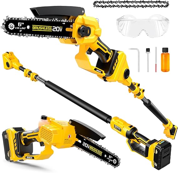 Photo 1 of 2-in-1 Cordless 6 Inch Pole Saw & Mini Chainsaw, 20V MAX* 3.0 Ah Battery Powered Chain Saw, Brushless Motor, Lightweight (7.1 lbs), 14.2 FT Max Reach Pole Saw for Tree Trimming, Wood Cutting