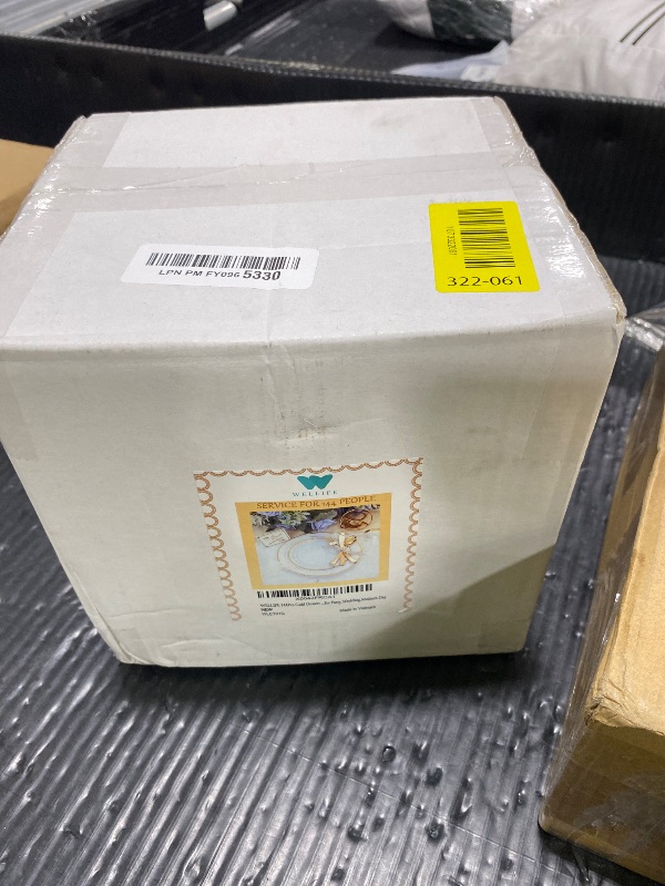 Photo 1 of WELLIFE 144Pcs Gold Dessert Plates, 7.5 Inch Plastic Appetizer plates, Heavy Duty plastic Party Plates, White and Gold Plastic plate for Party and Wedding