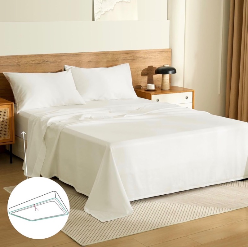Photo 1 of 100% Egyptian Long-Staple Cotton Queen Bed Sheet Set with Drawstring and 360°Elastic for Tight Fit, 4PCS 1000TC Bedding Sheets Set, Luxury Soft and Comfort, Deep Pocket Fits 8" to 17" Mattress