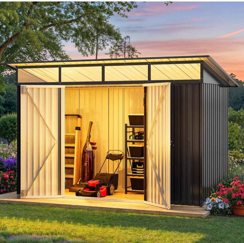 Photo 1 of 9x4 FT Outdoor Storage Shed with Acrylic Windows, Utility Tool Shed Metal Storage Garden Shed with Door & Lock for Bike Storage, Waterproof Trash Shed for Backyard Garden Patio, Dark Dray