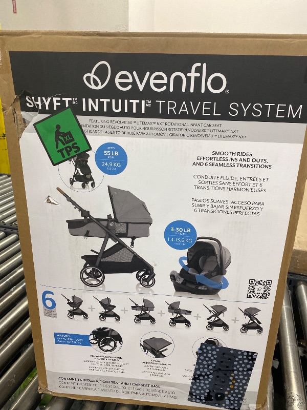 Photo 1 of Evenflo Shyft Intuiti Travel System with Revolve180 LiteMax™ NXT Rotating Rear-Facing Lightweight Preemie and Infant Car Seat 3-30 lbs. (Fossil Gray)
