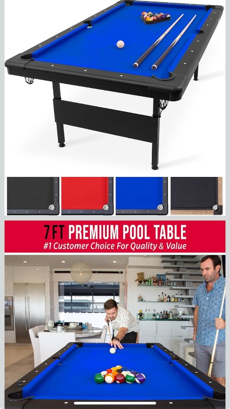 Photo 1 of GoSports 6, 7, or 8 ft Billiards Tables - No Assembly, Choose Your Color - Portable Pool Table Includes Full Set of Balls, 2 Cue Sticks, Chalk and Felt Brush
